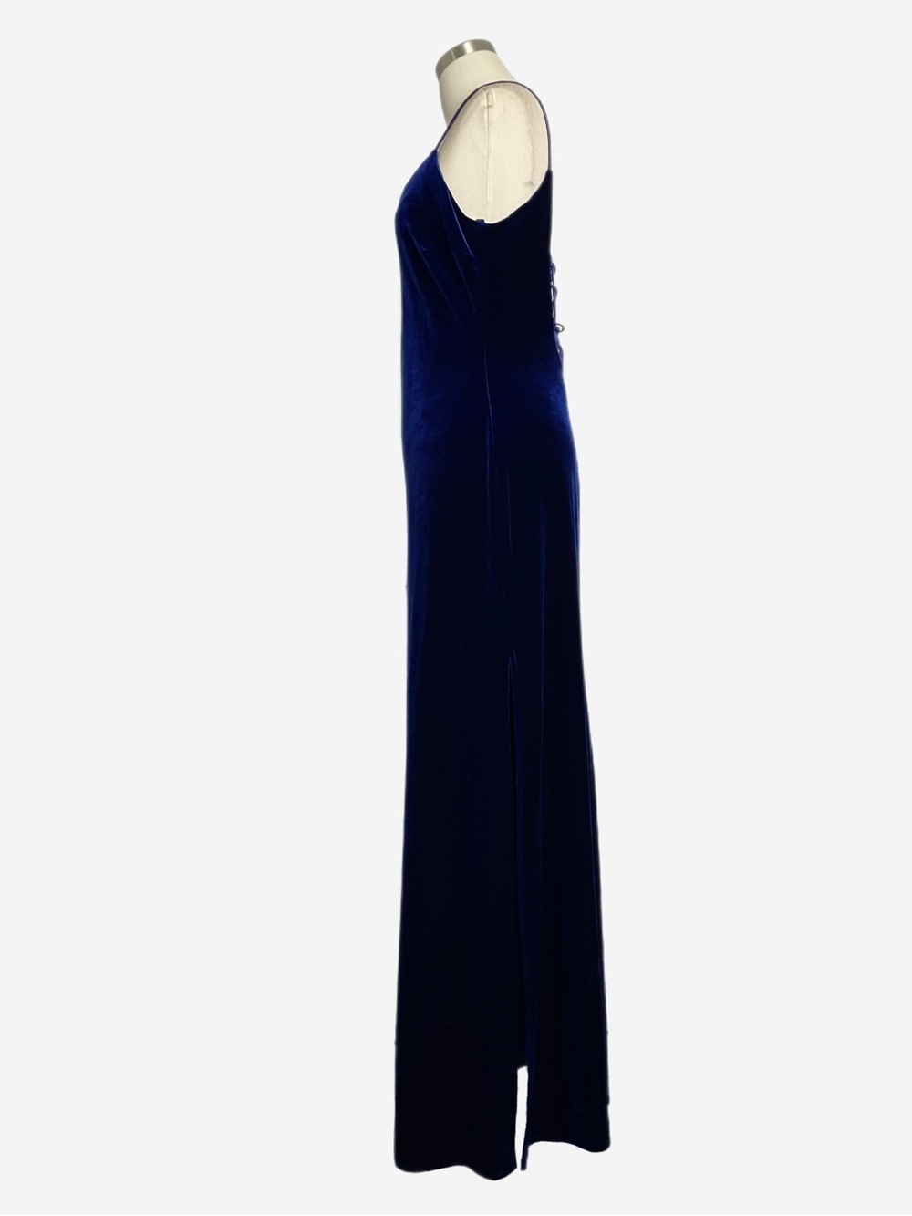 Vintage Y2K Niki Livas Blue velvet cross strap open back maxi gown holiday M/L - Picture 4 of 13